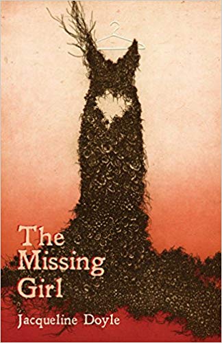 Cover of "The Missing Girl"- pale orange melts into a deep red, a black dress hangs from a white hanger, a piece cut out from its center