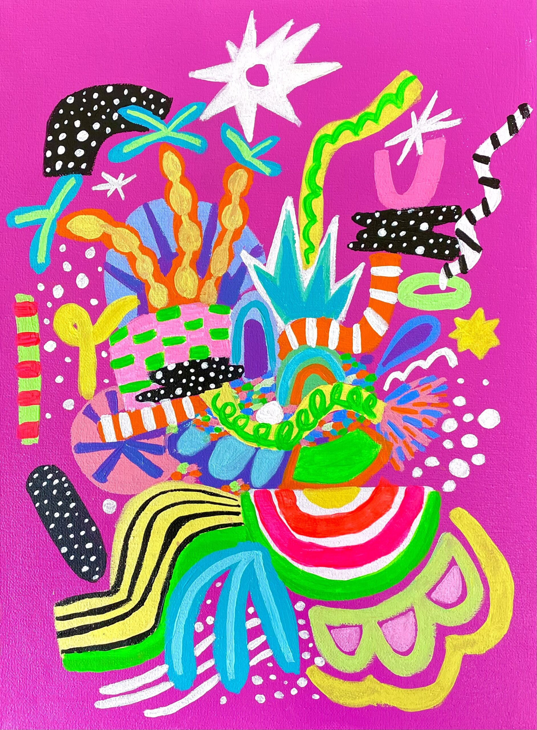 Painting with bright pink background, featuring vibrant blue, yellow, black, and green shapes