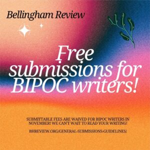 Yellow, pink, blue, and orange background with an image of stars and a plant with: Free submissions for BIPOC writers in white print