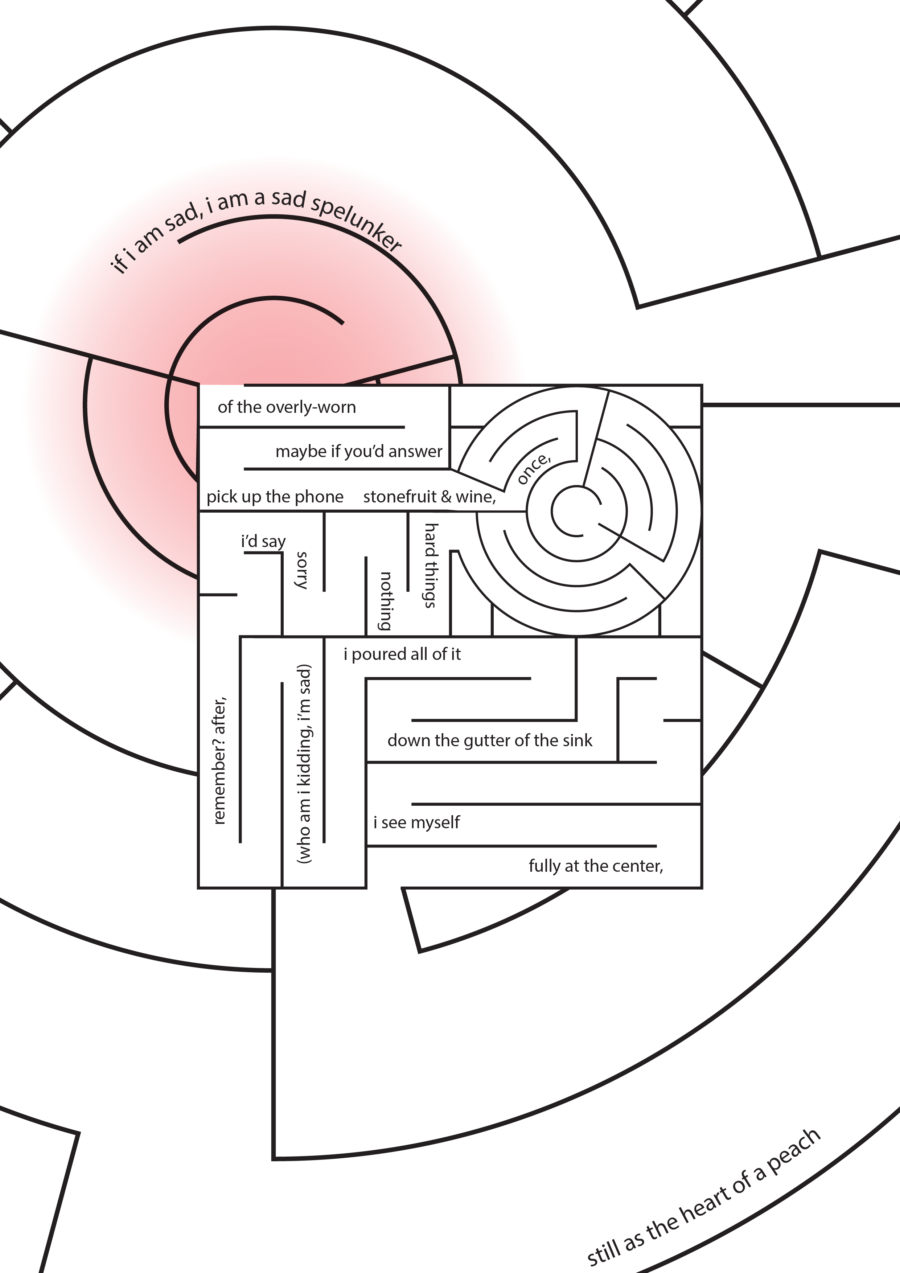 Maze image with pink in the left corner, with the words "if i am sad, i am a sad spelunker." Additional maze elements include intersecting black lines and introspective text.