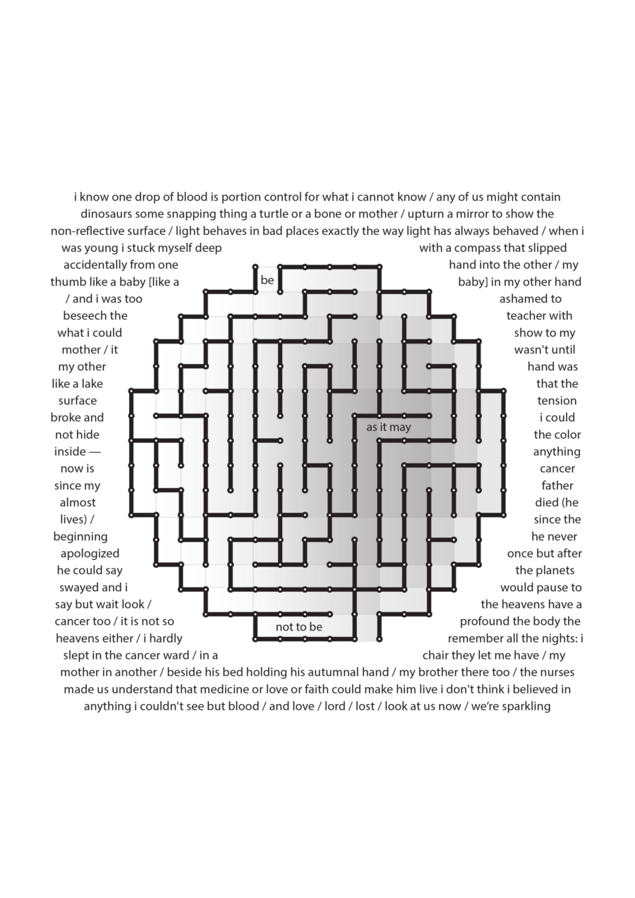 Maze with black lines and white dots  in the center with "as it may" and "not to be" inside. Black text surrounds the maze.