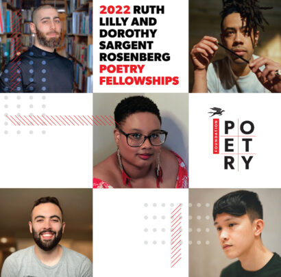 A grid image with five poets featured with black and red text announcing the 2022 Ruth Lilly Poetry Fellows