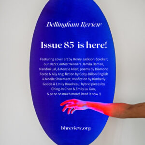 Graphic for issue 85 with Henry's art in the background, white text and blue circle