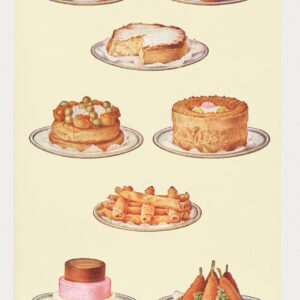 Vintage cake print with eight cakes of various types on a yellow background