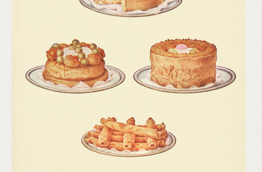 Vintage cake print with eight cakes of various types on a yellow background