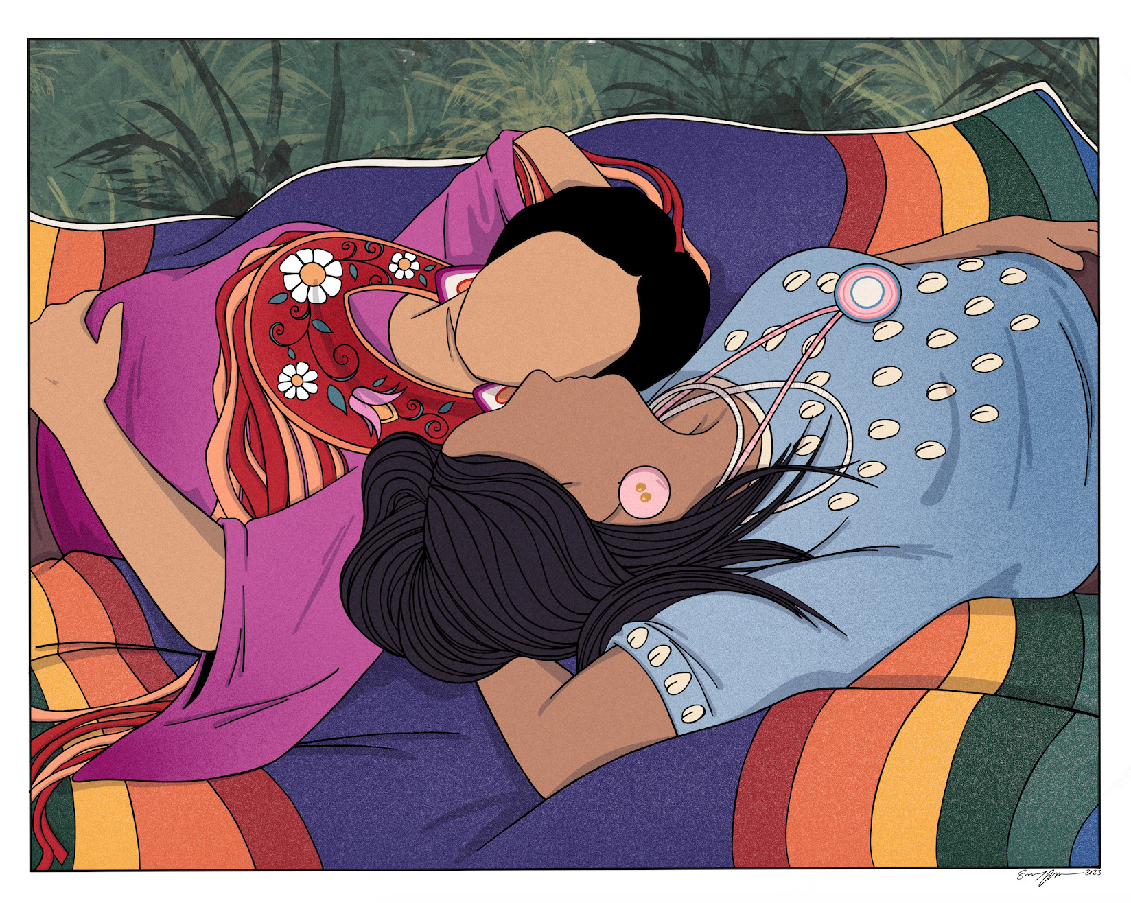 "Falling In Love on the Pow Wow Grounds," a digital piece by Savannah LaCornu featuring two indigenous femmes lying down on a blanket, turning toward each other. The blanket is rainbow and they are wearing blue and pink.