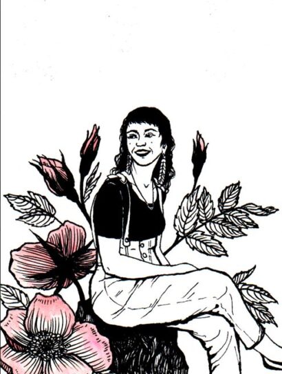 A drawing of a woman sitting among flowers